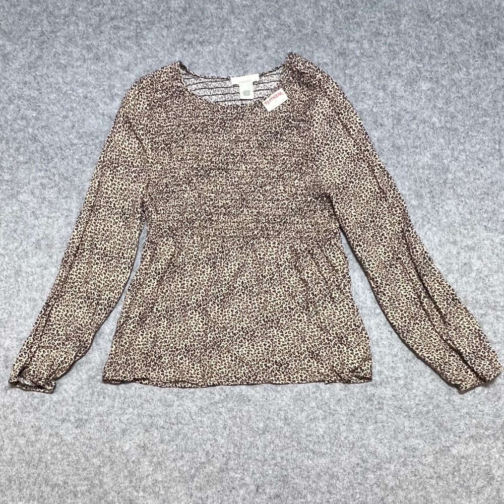 Urban Romantics Womens Large Leopard Print Smocked Long Sleeve Blouse Tan Black
